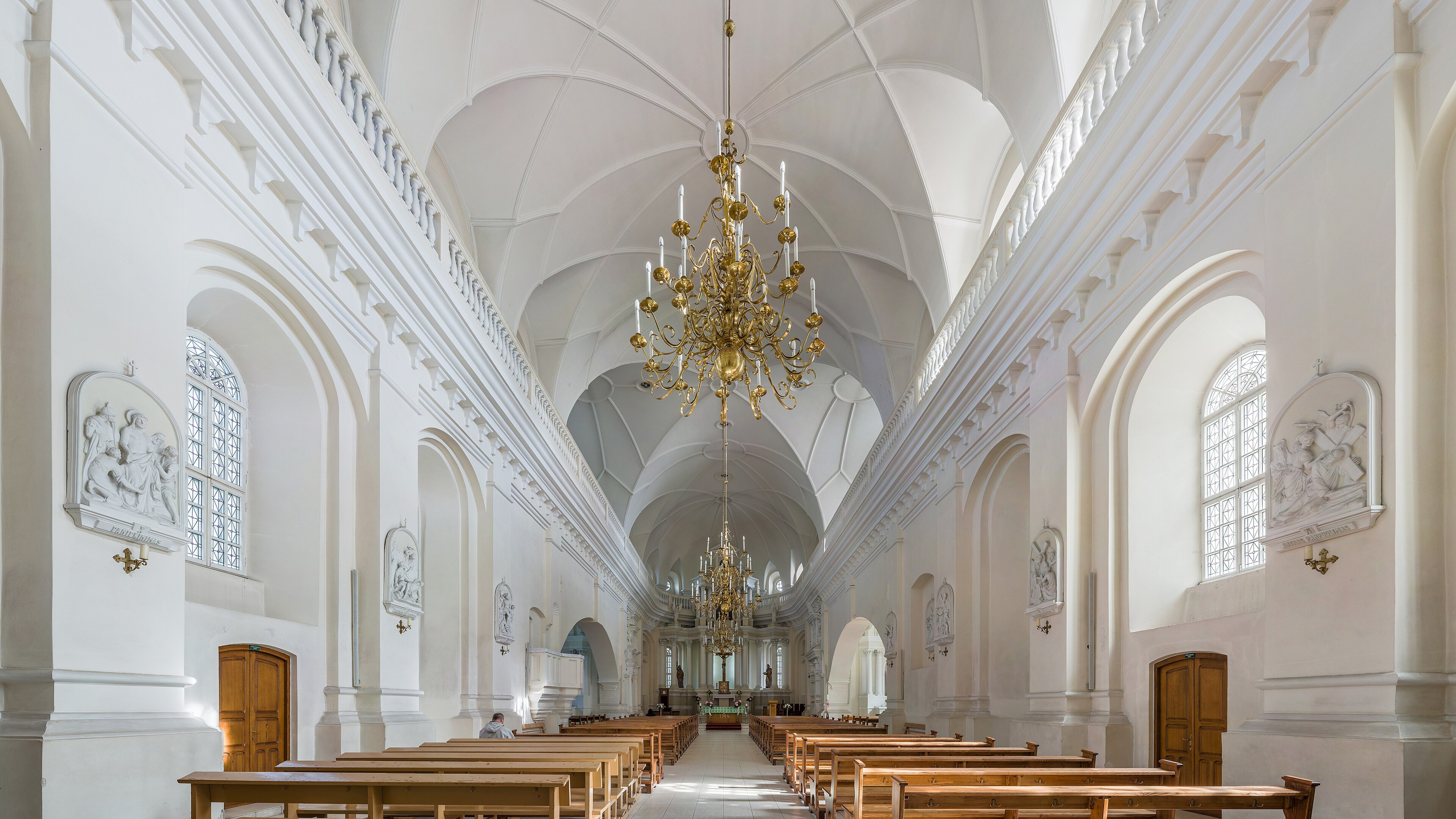 Gothic Cathedral Interior with Dramatic Stained Glass Lighting Free Stock Photo